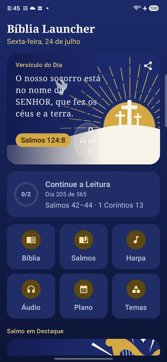 Biblia Home home screen with a verse-of-the-day card, reading-plan progress, and an app grid for Bible, Psalms, hymns, audio, plans and themes.
