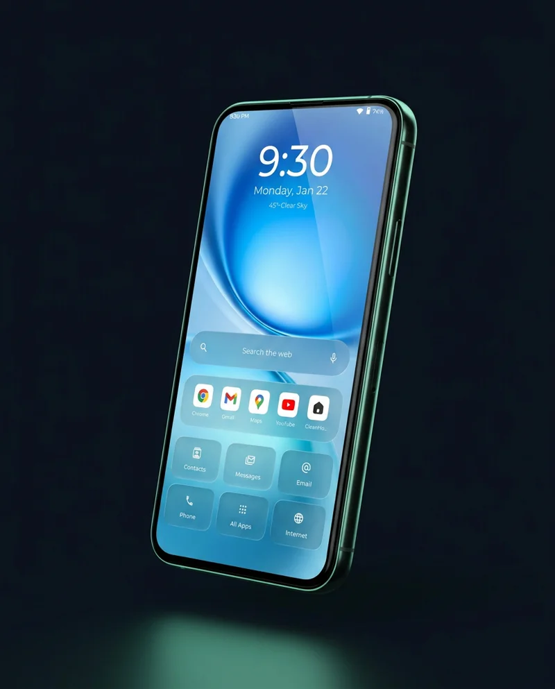 A rendering of a phone running Clean Home: a large clock, web search bar, and a tidy grid of essential app tiles on a calm home screen.