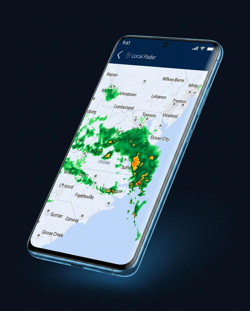 A rendering of a phone running Weather Radar Home's Local Radar screen: a live precipitation map of the US mid-Atlantic with green and orange rain intensity.
